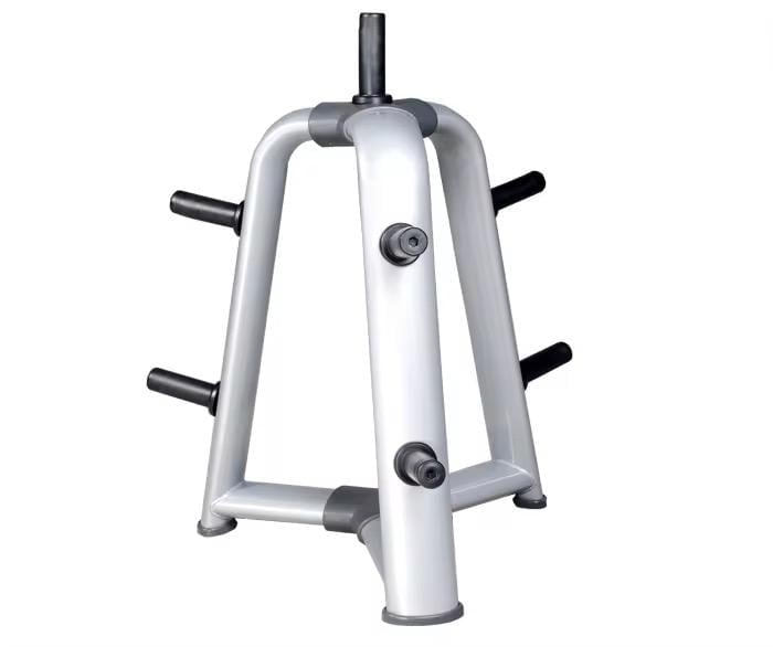Silver and black weight plate loaded barbell stand with four side bars for gym equipment storage