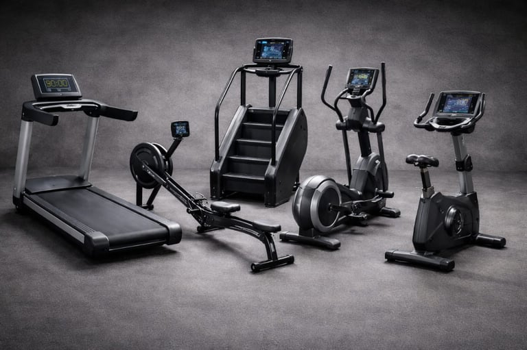 Array of modern home gym equipment including treadmill, stationary bikes, stair climber, and rowing machine on gray background