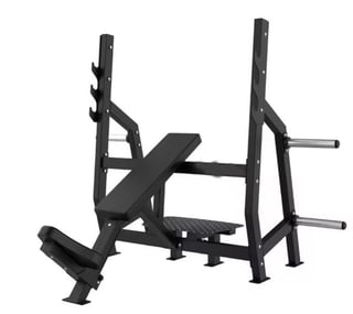 Black weight lifting bench with barbell rack, adjustable seat, and leg extension attachment on white background