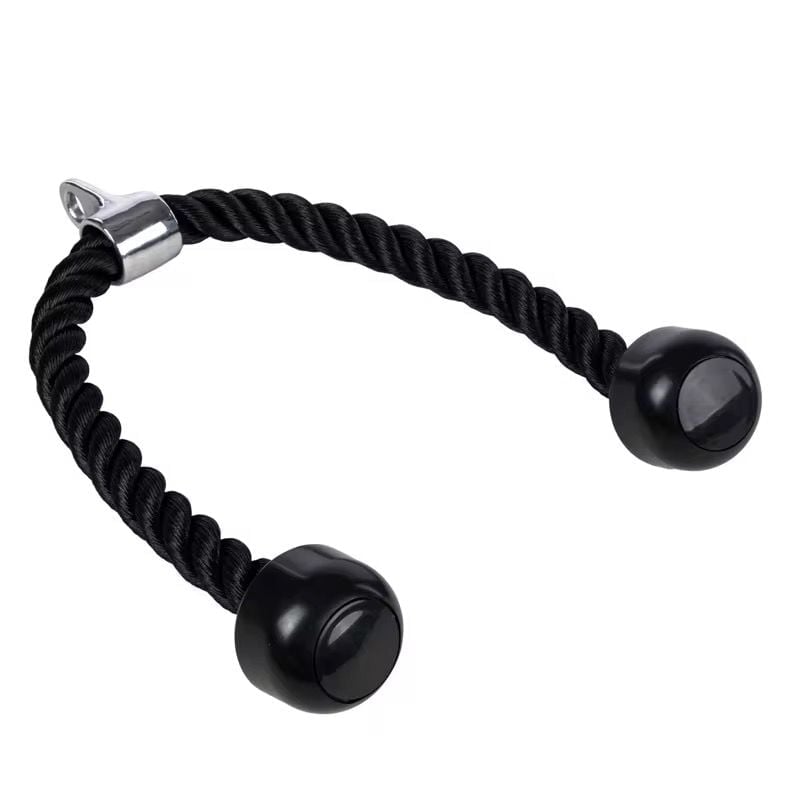 Black rope tricep cable attachment with metal clasp and spherical handles on each end