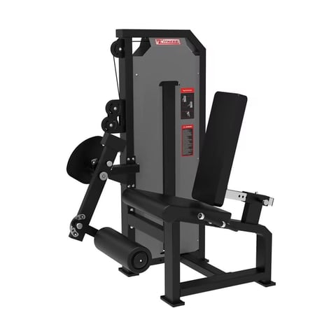 Black and gray leg press exercise machine with digital control panel and foot platform against white background