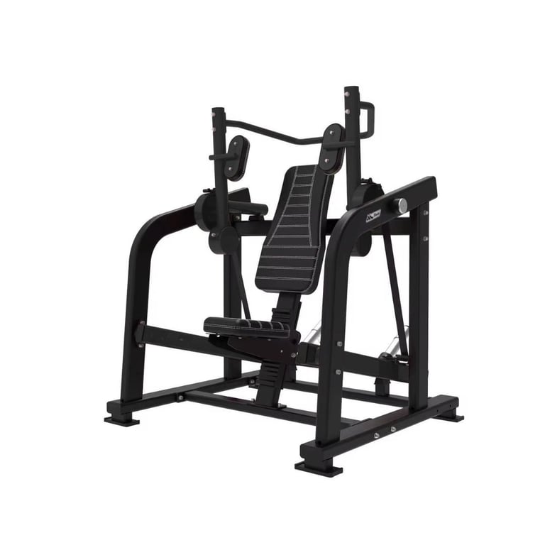 Black gym equipment machine with multiple handles and padded seat for chest and arm exercises