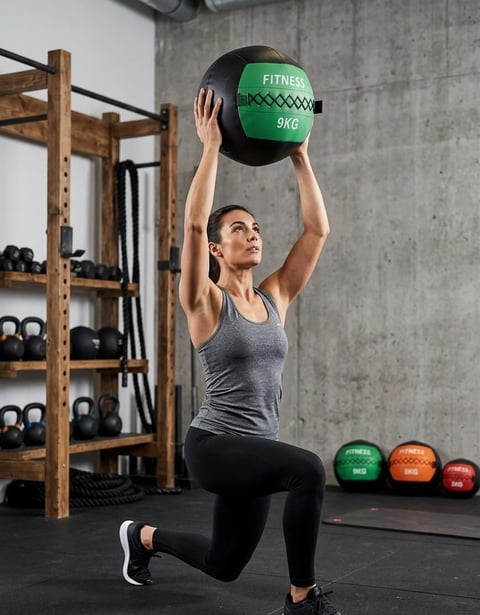 Woman performing a medicine ball overhead press exercise in a gym with wooden rack and equipment visible in background