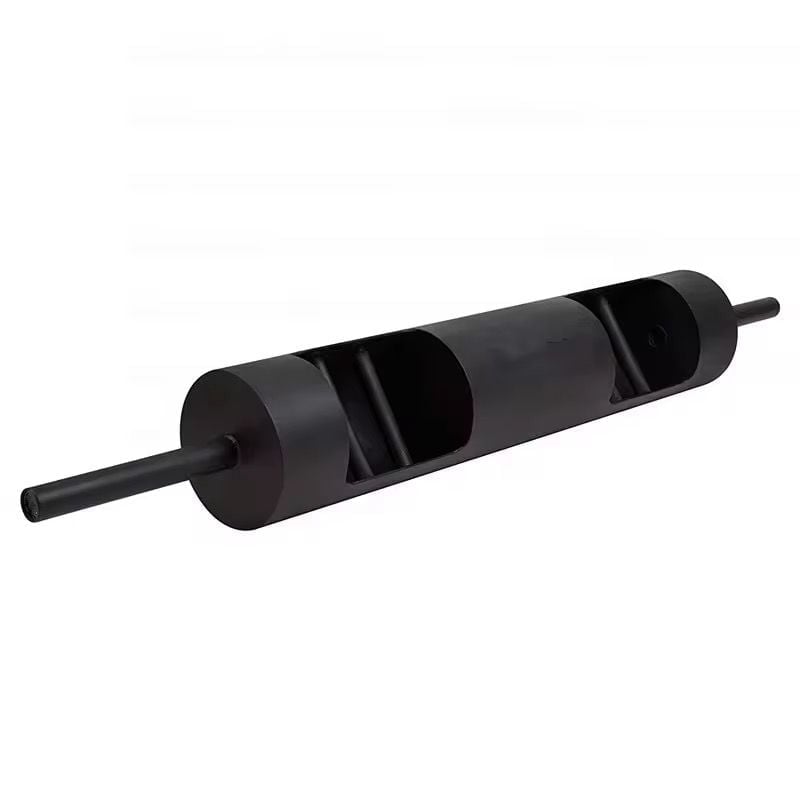 Black industrial roller or drum component with segmented sections and metal axle rods on each end