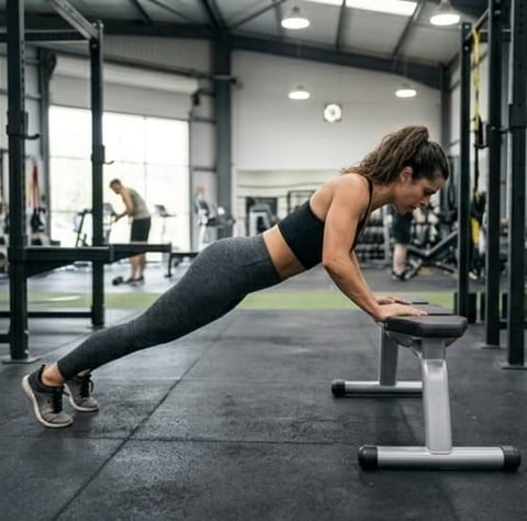Woman performing a plank exercise on an aerobic step in a modern gym with other exercisers in the background