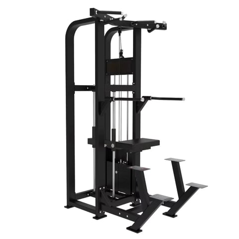 Black commercial lat pulldown machine with cable system and weight stack for strength training