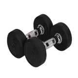 Pair of black rubber dumbbells with chrome handles and weight markings on white background