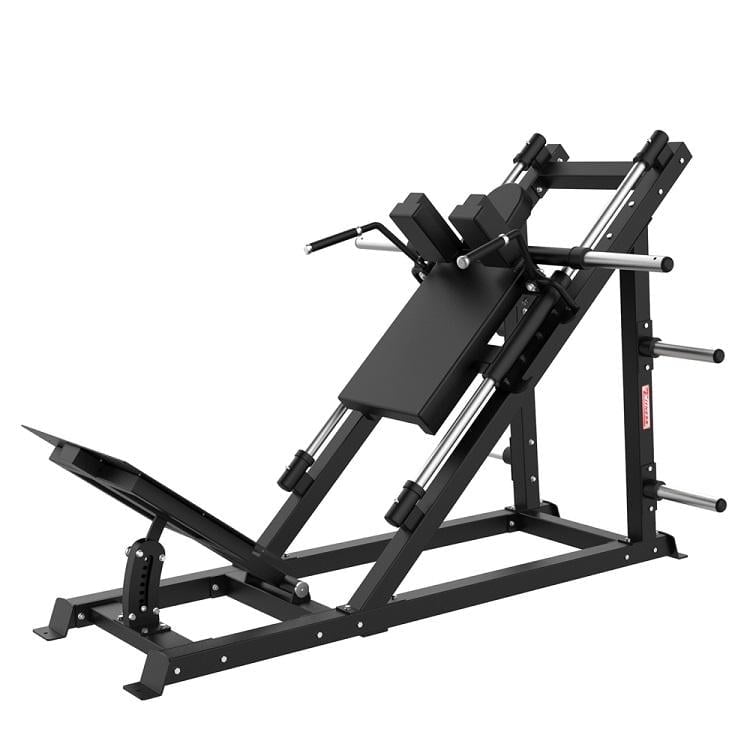Black leg press machine with angled backrest and foot platform on sturdy metal frame