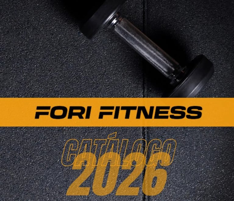 Fori Fitness catalog 2026 cover featuring a dumbbell on dark textured background with yellow stripe
