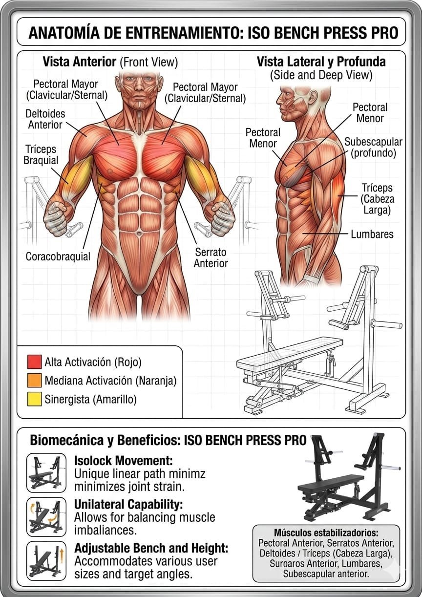 Anatomy diagram showing muscles worked during ISO bench press exercise with front and side views, muscle activation levels, and equipment mechanics