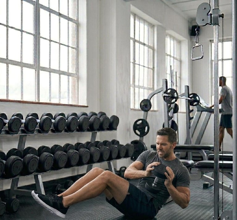 Man doing a weighted core exercise in a bright gym with dumbbells, exercise equipment, and large windows in background