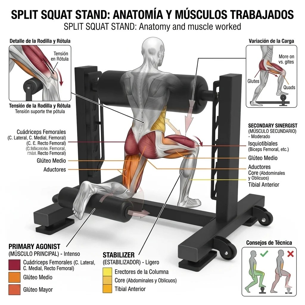 Anatomical diagram of split squat stand showing muscles worked, exercise form, and proper technique guidance