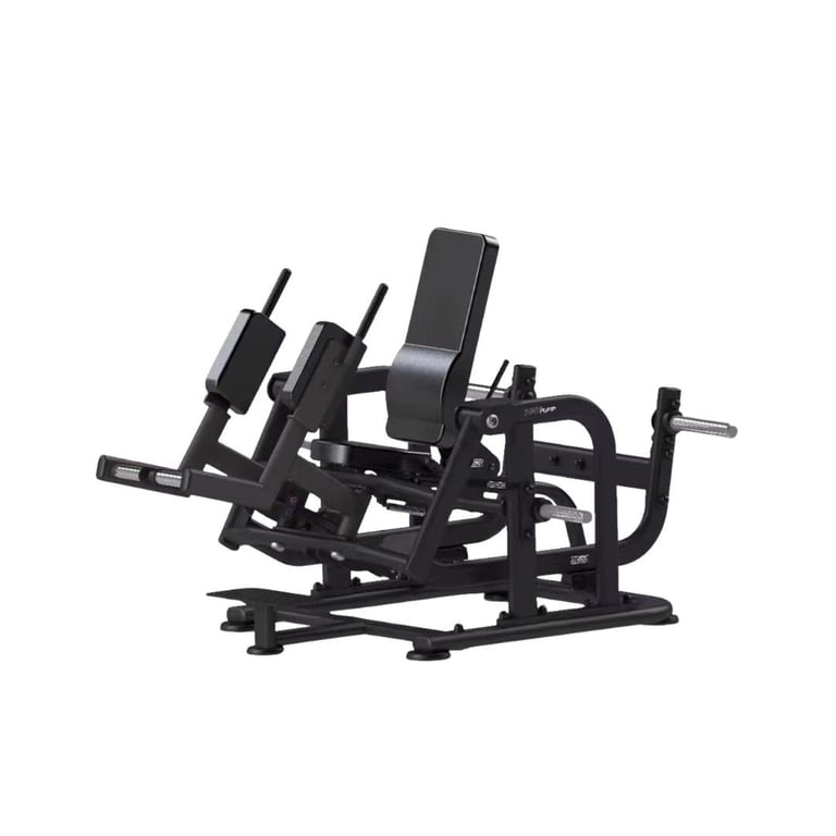 Black multi-station weight training machine with padded seat and arm attachments for gym exercise