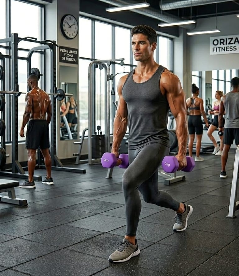 Man doing a lunge exercise with purple dumbbells in a busy gym with other people and fitness equipment