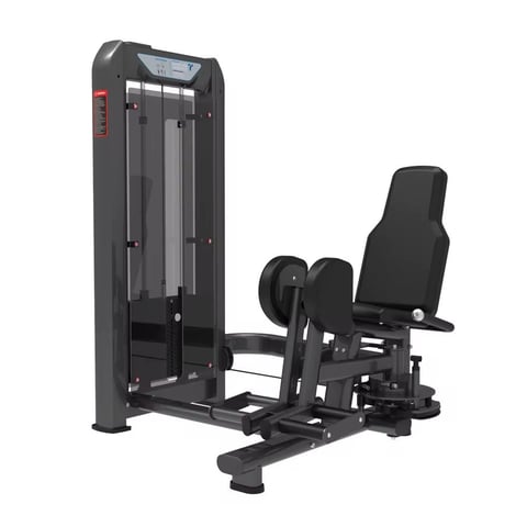 Black gym leg press machine with padded seat, weight stack on left side, and footplate for lower body exercise