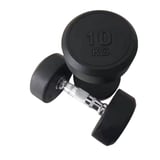 Pair of black 10kg rubber dumbbells with chrome handles displayed at an angle