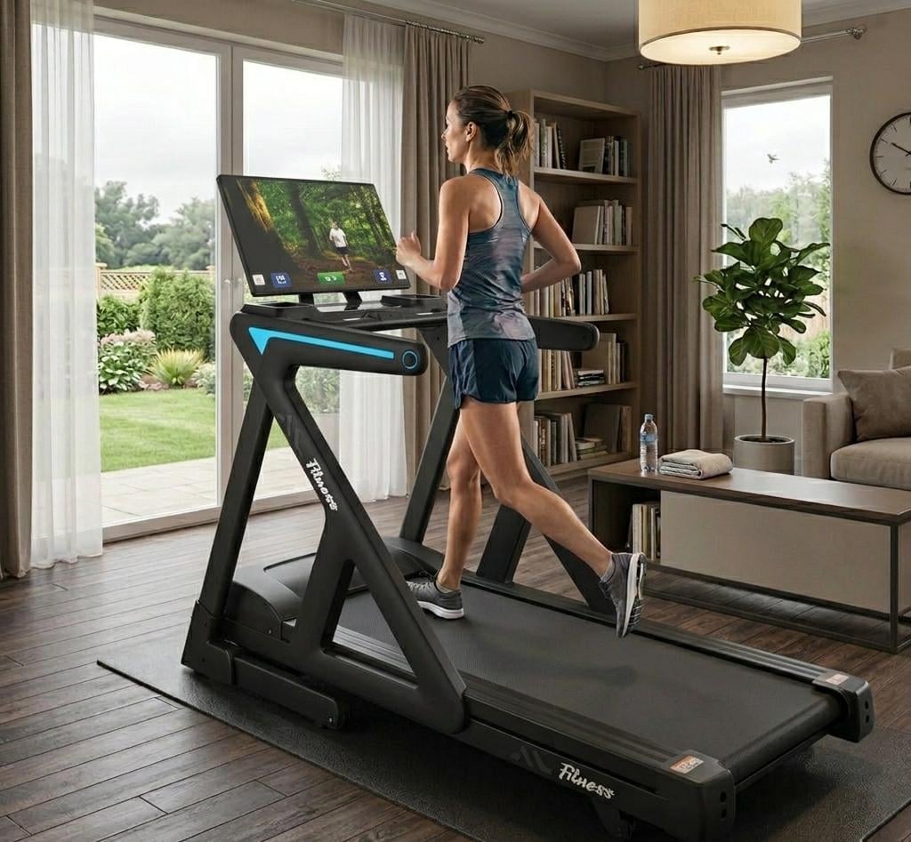 Woman running on a modern treadmill in a bright living room with large windows overlooking a garden