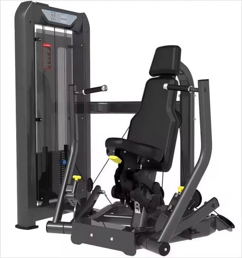 Black commercial gym equipment machine with padded seat and adjustable arm attachment for chest or shoulder exercises