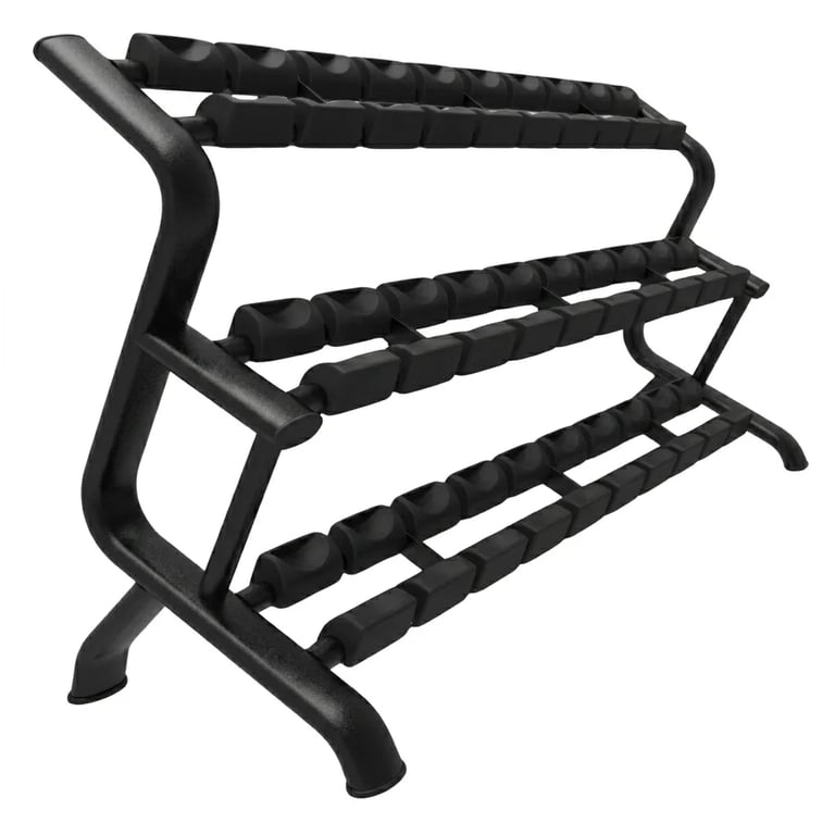 Black dumbbell rack with three tiered shelves and curved support frame for storing weights