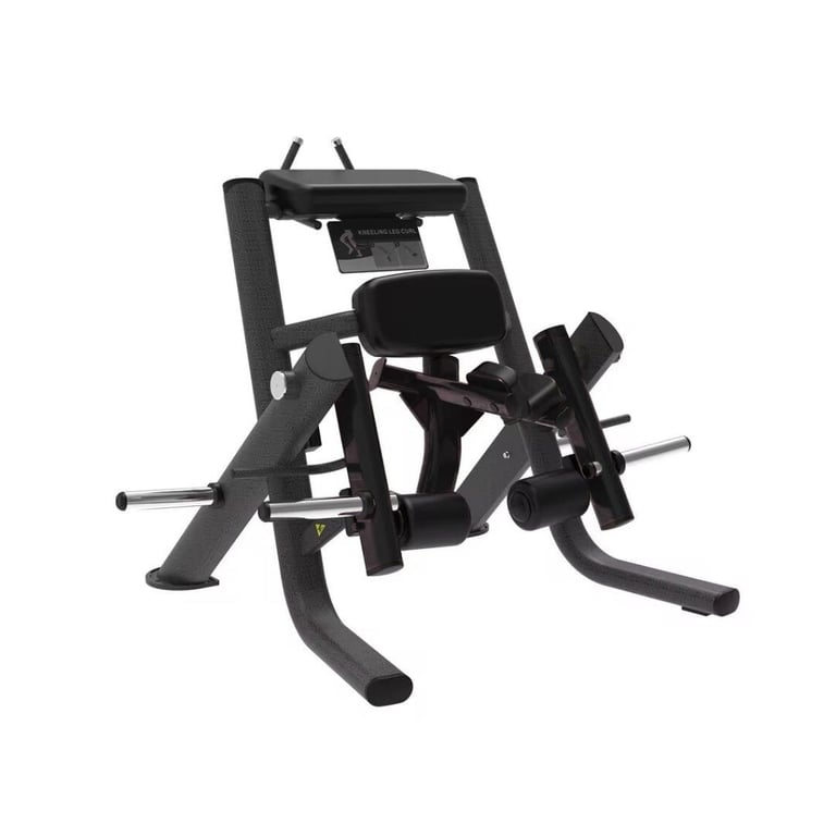 Black leg press exercise machine with padded seat and footrest on white background