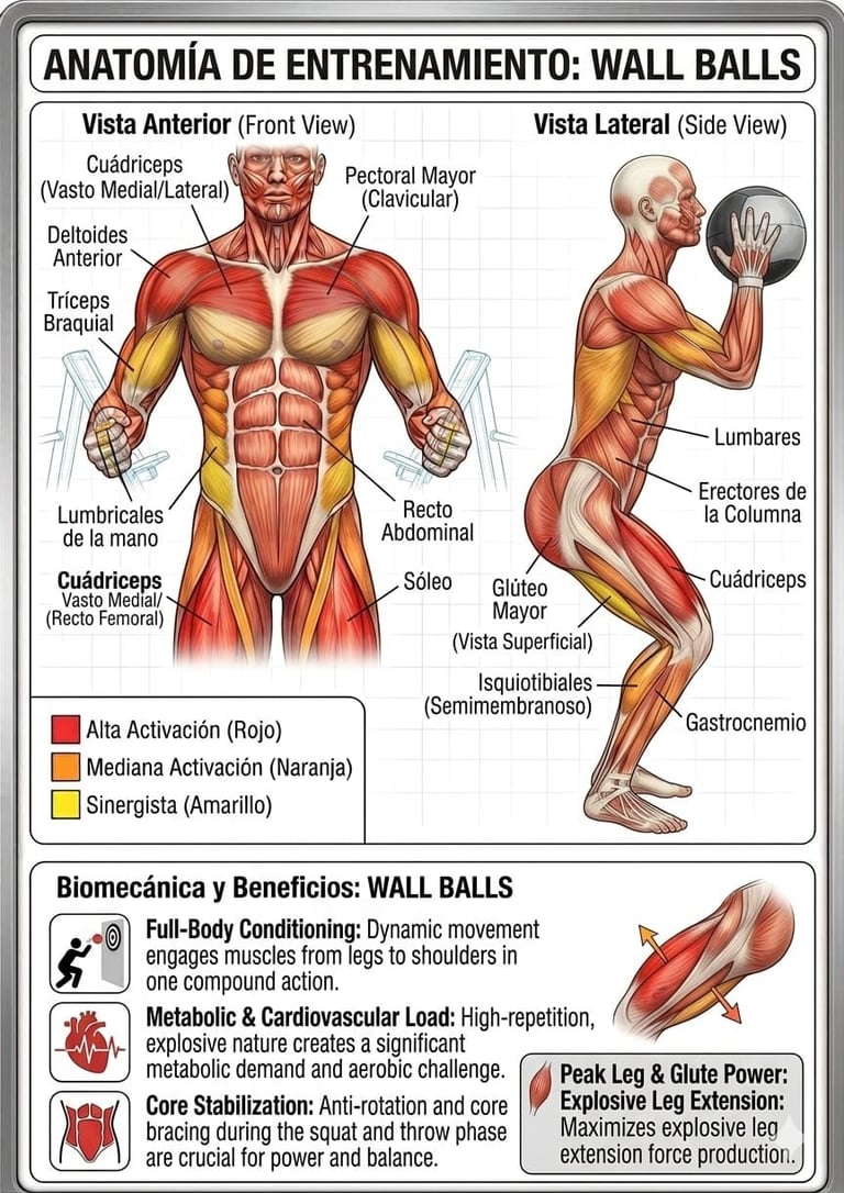 Anatomical diagram showing front and side views of human musculature engaged during wall ball exercises, with labeled muscle groups and color-coded activation levels
