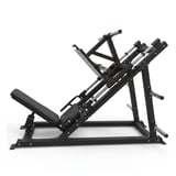 Black leg press machine with inclined platform and foot pedals