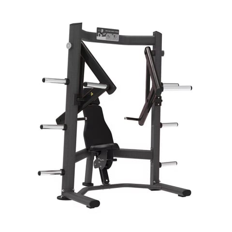 Black Smith machine with fixed frame, lever arms, and foot platform for guided strength training exercises