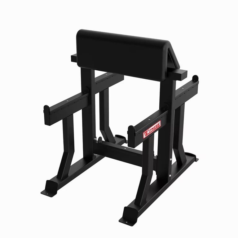 Black weightlifting squat rack with padded shoulder support and safety arms for barbell exercises
