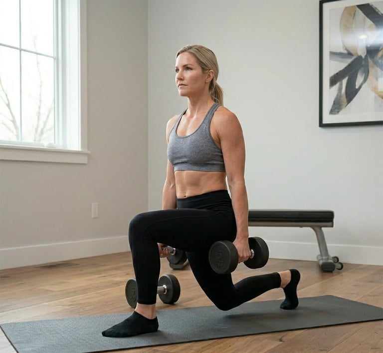 Woman performing a dumbbell lunge exercise on a mat in a bright gym studio with wooden flooring