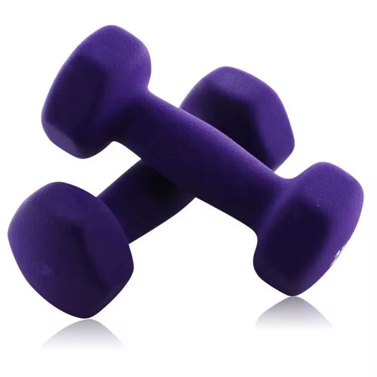 Pair of purple neoprene dumbbells with rounded ends on white background