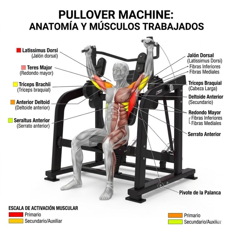 Pullover machine anatomy diagram showing muscles worked with Spanish and English labels, color-coded for primary and secondary muscle activation.
