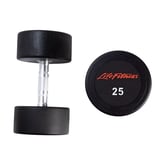 Pair of black Lifespan 25-pound dumbbells with chrome handle shown from side and front views