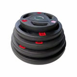 Stack of black rubber weight plates with red markings and a top plate featuring control buttons