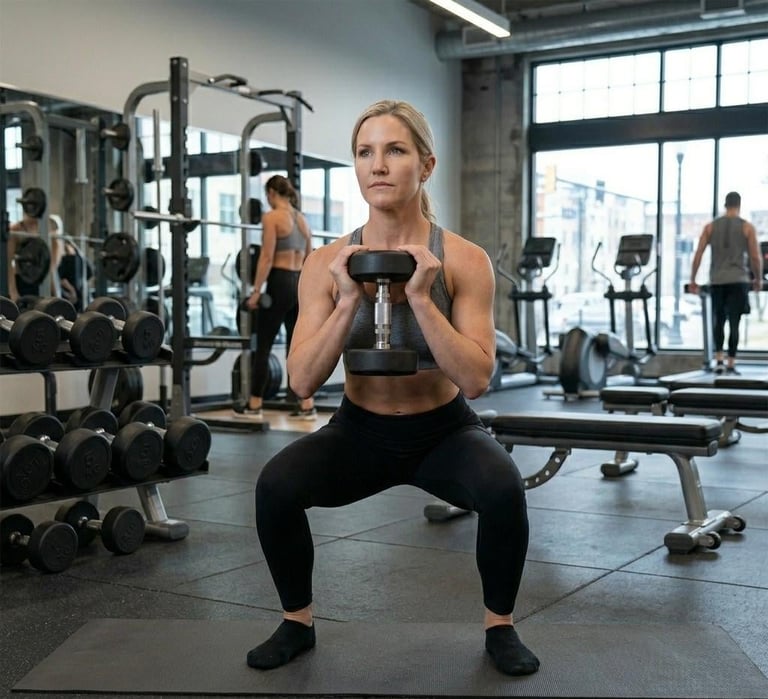 Woman performing dumbbell squat exercise in modern gym with other fitness enthusiasts and equipment visible in background