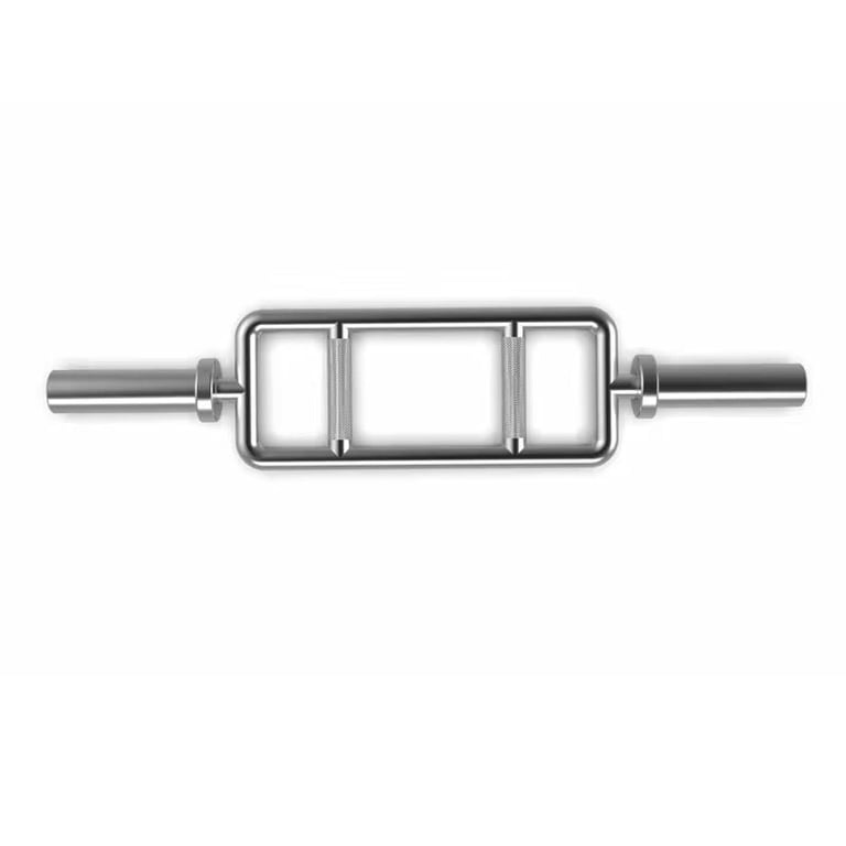 Metal barbell with three rectangular empty compartments connected by steel rods on both sides