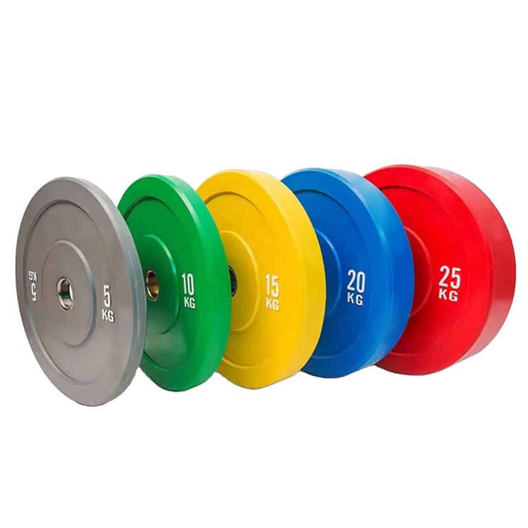 Set of colored weight plates in gray, green, yellow, blue, and red with labeled kilogram weights arranged in ascending order