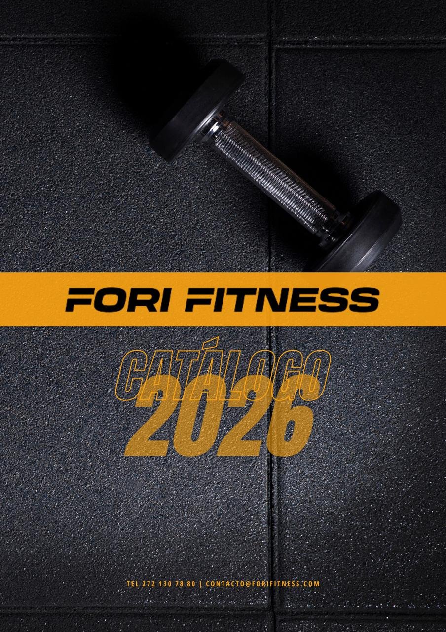 Fori Fitness 2026 catalog cover featuring a dumbbell on a dark textured gym floor background