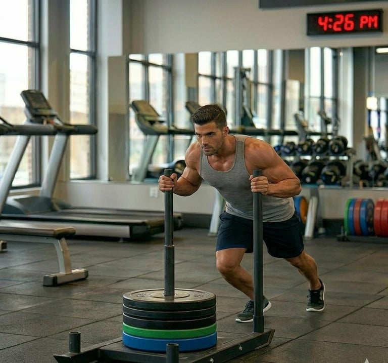 Man performing sled push exercise in gym with colorful weight plates