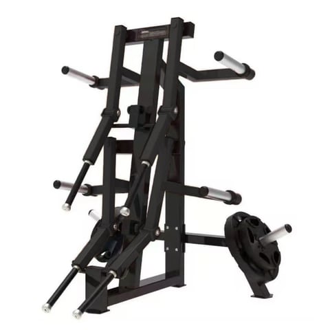 Black plate-loaded strength training machine with multiple arm attachments and weight stack, used for chest, shoulder, and arm exercises