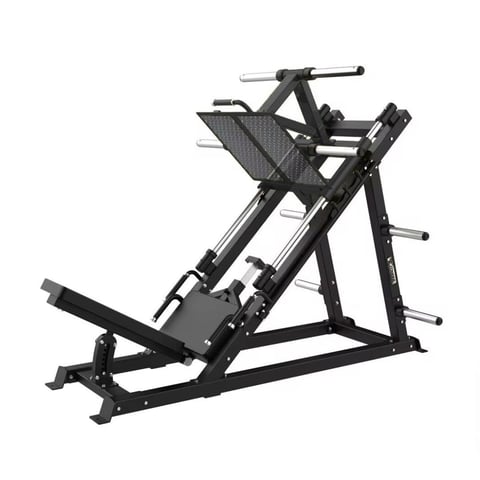 Black commercial leg press machine with foot platform, backrest, and adjustable weight arms on white background.