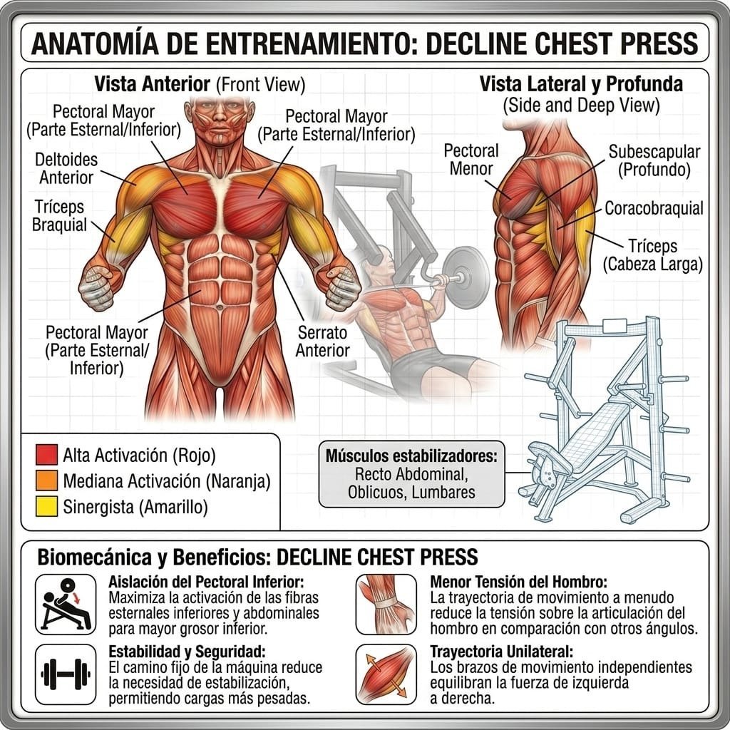 Anatomy diagram showing decline chest press exercise with muscle groups highlighted and biomechanical benefits labeled in Spanish
