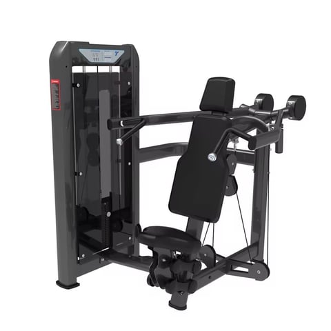 Black commercial chest press machine with padded seat, handles, and weight stack for gym workouts.