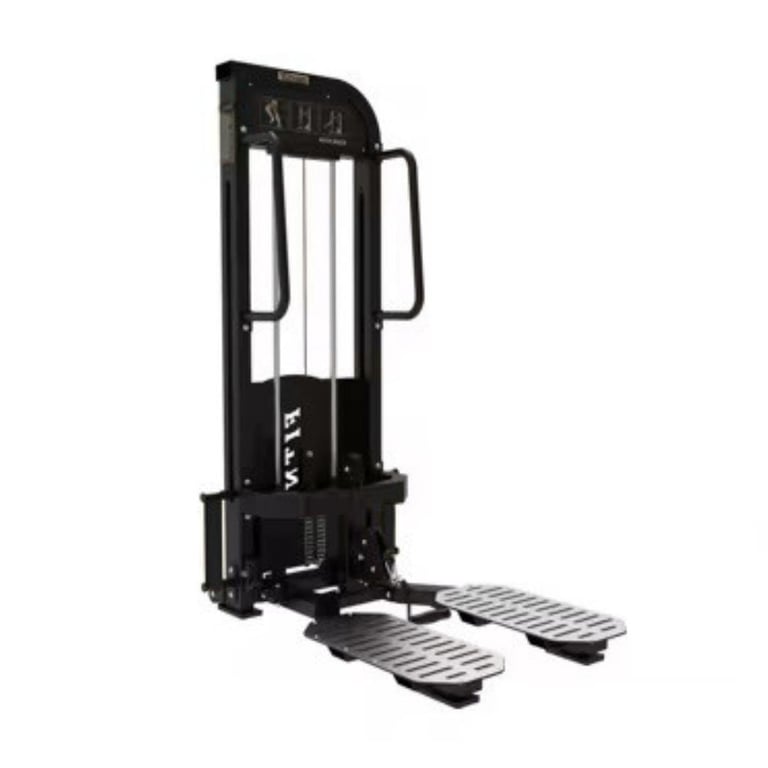 Black industrial forklift with elevated mast and dual foot platforms on white background