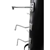 Black metal pole with three horizontal metal hooks of varying heights mounted on the side