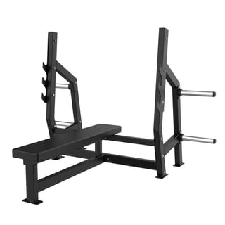 Black commercial weight bench press with upright supports and safety bars for weightlifting and strength training
