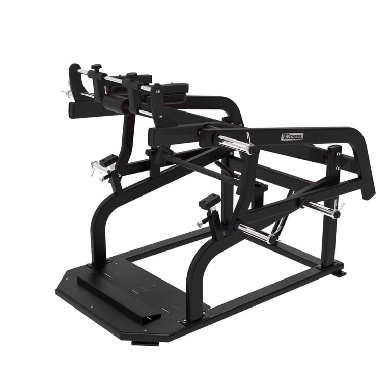 Black commercial leg press machine with articulated arms and foot platform against white background