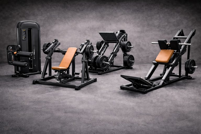Collection of professional gym equipment including weight machines and resistance training apparatus on gray background
