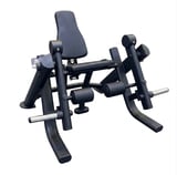 Black leg press or seated leg exercise machine with padded seat, footplate, and metal frame on white background