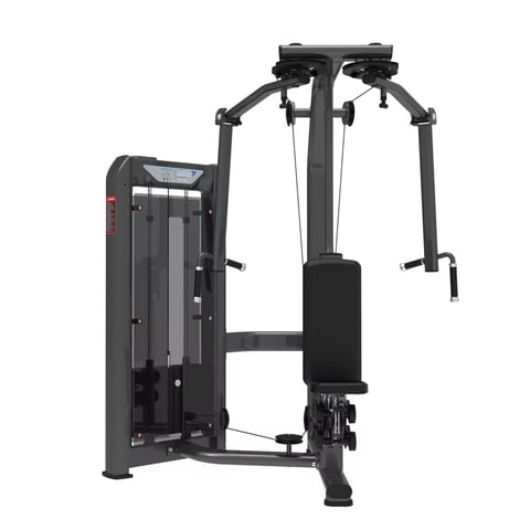 Black gym machine with dual cable arms and padded seat for chest and pectoral exercises