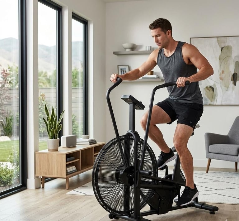 Man exercising on an air bike indoors with large windows, plants, and modern home furnishings visible in background
